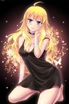  ahoge barefoot blonde_hair bracelet breasts bug butterfly cleavage collar dress green_eyes hoshii_miki idolmaster idolmaster_(classic) insect jewelry lingerie long_hair md5_mismatch medium_breasts mikii negligee open_mouth solo underwear 