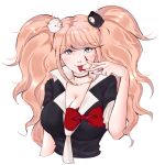  1girl bear_hair_ornament black_choker black_shirt blonde_hair blue_eyes bow breasts choker cleavage collarbone cropped_torso danganronpa:_trigger_happy_havoc danganronpa_(series) enoshima_junko hair_ornament kurosshe large_breasts nail_polish necktie red_bow red_nails shirt short_sleeves simple_background smile solo tongue tongue_out twintails white_background white_necktie 