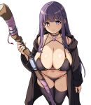  1girl bare_shoulders bikini black_bikini black_robe black_thighhighs blunt_bangs breasts cleavage closed_mouth collarbone commentary_request fern_(sousou_no_frieren) fingernails glint hirowa_nagi holding holding_staff huge_breasts long_hair looking_at_viewer open_clothes open_robe purple_eyes purple_hair robe solo sousou_no_frieren staff standing sweatdrop swimsuit thighhighs transparent_background 
