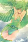  1girl aged_up armpits breasts cape closed_mouth detached_sleeves final_fantasy final_fantasy_iv green_hair green_leotard hair_ornament highres jewelry leotard long_hair rydia_(ff4) smile solo star_(symbol) takeda_yuuko thighhighs 