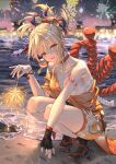  1girl absurdres al_guang arm_tattoo arm_wrap beach black_socks blonde_hair blurry blurry_background bracelet chest_sarashi chest_tattoo choker collar commentary_request fireworks flower_tattoo full_body genshin_impact geta hadanugi_dousa highres holding_fireworks japanese_clothes jewelry kimono looking_at_viewer night open_mouth orange_eyes orange_kimono outdoors ponytail red_choker red_collar rope sarashi shimenawa single_bare_shoulder smile socks solo sparkler tattoo water yoimiya_(genshin_impact) 