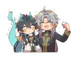  2boys :d ahoge alcohol aqua_horns aqua_tail arm_around_shoulder black_coat black_hair blank_eyes blush choko_(cup) coat collared_coat colored_inner_hair cup dan_heng_(honkai:_star_rail) dan_heng_(imbibitor_lunae)_(honkai:_star_rail) dot_nose drunk earrings eyes_visible_through_hair fingerless_gloves gloves grey_hair hair_intakes hand_on_another&#039;s_shoulder hand_up hands_up hara_(nanohara) holding holding_cup honkai:_star_rail honkai_(series) horns jacket jewelry long_hair long_sleeves male_focus multicolored_hair multiple_boys no_sclera parted_bangs parted_lips pointy_ears shirt simple_background single_earring sleeve_cuffs smile surprised upper_body very_long_hair white_background white_eyes white_jacket yellow_shirt yingxing_(honkai:_star_rail) 