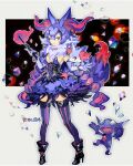  1girl alternate_color animal_ear_fluff animal_ears bangle black_footwear bracelet braixen breasts cleavage elbow_gloves fennekin fire fox_ears gem gloves high_heels highres jewelry kantarou_(8kan) medium_breasts one_eye_closed personification pokedex_number pokemon pokemon_(creature) purple_gloves purple_hair red_eyes sableye shiny_pokemon skirt standing striped_clothes striped_thighhighs thighhighs wand 