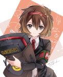  1girl brown_eyes brown_hair character_name closed_mouth collared_shirt dated hairband lobotomy_corporation malkuth_(project_moon) meat_lantern_(project_moon) morizuki necktie opened_can_of_wellcheers ppodae project_moon punishing_bird red_hairband red_necktie robot shirt short_hair smile solo we_can_change_anything white_shirt 