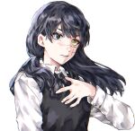  1girl black_dress black_eyes black_hair black_ribbon chainsaw_man closed_mouth collared_shirt commentary_request cross_scar dress floating_hair fourth_east_high_school_uniform hand_on_own_chest heterochromia highres long_hair long_sleeves looking_at_viewer low_ponytail mitaka_asa neck_ribbon pinafore_dress ribbon ringed_eyes scar scar_on_face school_uniform shirt simple_background sleeveless sleeveless_dress solo uniform user_jjtm7257 white_background white_shirt yellow_eyes yoru_(chainsaw_man) 