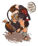  1boy 1girl all_fours animal_ears arm_guards armor bare_legs bare_shoulders barefoot beard black_hair body_fur bow brown_skirt cat_ears cat_girl cat_tail climbing commentary covered_mouth crop_top curry cutystuffy dungeon_meshi dwarf english_commentary english_text facial_hair fake_horns flip-flops food from_above fur_trim hands_up helmet highres holding horned_helmet horns hungry izutsumi leather_armor long_beard long_hair looking_at_another looking_down midriff on_shoulder red_bow red_scarf sandals scarf senshi_(dungeon_meshi) shin_guards short_hair sideways_glance simple_background skirt sleeveless speech_bubble squatting tail white_background wok 