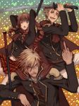  2boys akademeia_uniform angry brown_hair cape chocobo cinque_(fft-0) final_fantasy final_fantasy_type-0 fujimaru_(green_sparrow) jack_(fft-0) middle_finger multiple_boys nine_(fft-0) one_eye_closed school_uniform smile weapon 