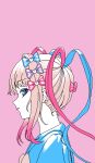  1girl blonde_hair blue_bow blue_eyes blue_hair blue_shirt bow chouzetsusaikawa_tenshi-chan closed_mouth eencya from_side gradient_hair hair_bow hair_ornament heart heart_hair_ornament long_hair looking_at_viewer multicolored_hair needy_girl_overdose official_art pink_background pink_bow pink_hair pixel_art profile purple_bow quad_tails sailor_collar second-party_source shirt simple_background solo twintails upper_body yellow_bow 