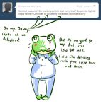 amphibian anthro ask_blog barefoot blue_bottomwear blue_button_down_shirt blue_clothing blue_pajamas blue_pants blue_shirt blue_topwear blush bottomwear button_down_shirt clothing dialogue english_text feet frog green_body green_skin green_text licking licking_lips male nintendo pajamas pants shirt simple_background slippy_o&#039;donnell slippy_toad solo star_fox text tongue tongue_out topwear tumblr white_background