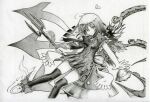  1girl asymmetrical_wings bow bowtie breasts closed_mouth commentary_request dress feathers foot_out_of_frame footwear_bow frilled_dress frills graphite_(medium) greyscale hair_between_eyes hiddenn holding holding_polearm holding_weapon houjuu_nue looking_at_viewer medium_bangs monochrome polearm shoes short_hair short_sleeves simple_background small_breasts smile snake solo split_mouth thighhighs touhou traditional_media trident ufo weapon wings 
