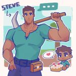 ... 1boy bara beard_stubble brown_hair cake chibi chibi_inset cowboy_shot dark-skinned_male dark_skin food heart highres holding holding_cake holding_food holding_pickaxe kapalkilayyyy large_pectorals looking_at_viewer mature_male minecraft muscular muscular_male over_shoulder pants pectoral_cleavage pectorals personification pickaxe shirt short_hair smile spoken_heart steve_(minecraft) thick_eyebrows weapon weapon_over_shoulder 
