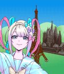  1girl blonde_hair blue_bow blue_eyes blue_hair blue_sailor_collar blue_serafuku blue_shirt bow bowtie chouzetsusaikawa_tenshi-chan closed_mouth derivative_work eencya eiffel_tower facebook hair_bow long_hair looking_at_viewer mark_zuckerberg multicolored_hair multiple_hair_bows needy_girl_overdose official_art parody pink_bow pink_hair pixel_art purple_bow quad_tails sagrada_familia sailor_collar school_uniform second-party_source serafuku shirt smile solo star_ornament yellow_bow yellow_bowtie 