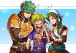  1girl 2boys armor artist_name bandaged_arm bandages bandana blue_background blush border braid cheek_pinching closed_mouth commentary commission english_commentary eyelashes fire_emblem fire_emblem:_the_binding_blade fire_emblem:_the_blazing_blade freckles green_eyes green_hair gzei hair_between_eyes long_hair lowen_(fire_emblem) multiple_boys notice_lines one_eye_closed outside_border pinching rebecca_(fire_emblem) short_hair single_braid smile teeth twitter_username watermark white_bandana white_border wolt_(fire_emblem) 