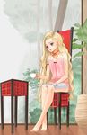  bad_id bad_pixiv_id barefoot blonde_hair blue_eyes chair crossed_ankles cup feet full_body highres legs long_hair magazine mug nail_polish nama_(nama1109) original ribbon sitting solo very_long_hair 