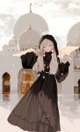  angel angel_wings black_dress closed_eyes closed_mouth coif dress habit hair_between_eyes halo hand_in_own_hair hand_up highres long_dress long_hair looking_at_viewer mosque nun original qtonagi smile white_hair white_wings wings 