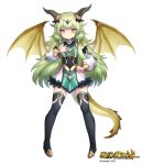 1girl black_thighhighs brown_eyes copyright_notice covered_navel dragon_girl dragon_horns dragon_tail dragon_wings full_body green_hair hi-na1 horns long_hair official_art pointy_ears simple_background smile standing tail thighhighs war_of_ashird white_background wings 