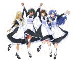  4girls alternate_costume animal_ears apron aqua_eyes arm_up arms_up asari_nanami bintaptyo black_dress black_footwear blonde_hair blue_hair blush brown_hair cat_ears cat_tail closed_eyes dark-skinned_female dark_skin dress enmaided fake_animal_ears frilled_apron frills green_eyes green_hair hair_ornament hair_rings holding_hands idolmaster idolmaster_cinderella_girls layla_(idolmaster) long_hair long_sleeves maekawa_miku maid maid_apron maid_headdress multiple_girls natalia_(idolmaster) open_mouth puffy_sleeves short_hair simple_background smile socks straight_hair tail white_apron white_background white_socks wrist_cuffs 