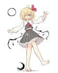  1girl ahoge barefoot blonde_hair brown_eyes fang frilled_skirt frills grey_skirt highres layered_skirt long_sleeves one_eye_closed open_mouth pleated_skirt primsla rumia shirt short_hair simple_background skirt solo split_mouth touhou walking white_background white_shirt 