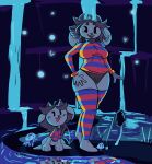 absurd_res anthro blue_background bottomwear canid canine canis clothing cute_eyes domestic_dog duo female fungus hi_res legwear looking_at_viewer mammal mechtal mushroom pants plant simple_background stockings sweater temmie_(undertale) topwear undertale undertale_(series) water waterfall