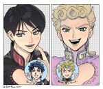  blonde_hair blue_eyes blue_hair braid commentary_request dio_brando earrings fangs giorno_giovanna green_headband haruno_shiobana headband highres jewelry jojo_no_kimyou_na_bouken jonathan_joestar open_mouth phantom_blood red_eyes s90jiiqo2xf0fk5 single_braid smile stardust_crusaders stud_earrings translation_request v vento_aureo 