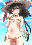  1girl akizuki_(kancolle) artist_name bikini black_hair blue_sky brown_headwear cloud cowboy_shot front-tie_bikini_top front-tie_top fuji_(pixiv24804665) green_eyes hair_ribbon hat highres kantai_collection long_hair lowleg lowleg_bikini micro_bikini open_mouth orange_bikini panties ponytail ribbon round_teeth side-tie_panties sky solo straw_hat sun_hat swimsuit teeth underwear untied_bikini upper_teeth_only 