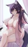  1girl after_bathing animal_ear_fluff animal_ears bath_yukata breasts can_zhu cleavage collarbone drying drying_hair extra_ears fox_ears fox_girl fox_tail green_eyes hair_down hair_dryer highres holding holding_hair_dryer indoors japanese_clothes kimono large_breasts legs long_hair looking_at_viewer meridian_project mole mole_on_breast open_mouth purple_hair purple_tail seki_(vtuber) single_bare_shoulder sitting solo tail thighs virtual_youtuber wet yukata 