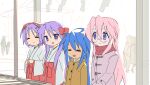  4girls 4others :3 =_= ahoge blue_hair blush box closed_mouth coat donation_box glasses hair_between_eyes hatsumoude highres hiiragi_kagami hiiragi_tsukasa izumi_konata japanese_clothes kimono long_hair long_sleeves lucky_star multiple_girls multiple_others open_mouth orange_coat pink_coat pink_hair purple_eyes purple_hair rytoua318 scarf short_hair shrine sidelocks smile takara_miyuki 