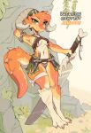 accessory anthro bandage belt breasts chain claws clothed clothing dagger female furgonomics hi_res holding_object holding_weapon horn horn_accessory kobold leaning leaning_back looking_at_viewer melee_weapon navel outside panties scar skimpy solo spines sword thick_thighs tooth_necklace under_boob underwear waspsalad weapon