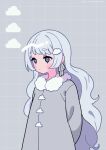  1girl arms_behind_back blue_eyes blush_stickers closed_mouth coat commentary fur-trimmed_coat fur_trim grey_background grey_coat grey_hair highres long_hair neki_(wakiko) original short_eyebrows solo thick_eyebrows very_long_hair 