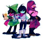  1boy 1girl 1other :d :| ahoge androgynous ankle_boots aqua_skin arm_behind_back armlet armor blue_footwear blue_hair blue_pants book boots bracelet breastplate cape closed_mouth colored_skin commentary copyright_name covered_eyes crossed_arms deltarune dress expressionless finger_gun from_side full_body furry furry_female furry_male gauntlets glasses greaves green_dress green_headwear grin hair_over_eyes hat heart highres holding holding_book jewelry kris_(deltarune) medium_hair open_mouth outstretched_arm pants pauldrons pink_cape pink_scarf pink_skin purple_hair purple_pants ralsei round_eyewear scarf shaded_face sharp_teeth short_hair shoulder_armor simple_background smile sonokare spiked_armlet spiked_bracelet spikes standing susie_(deltarune) teeth white_background witch_hat yellow_teeth 