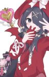  1girl ame-chan_(needy_girl_overdose) animal_hood bag black_bag black_eyes black_hair bow cellphone fake_wings hair_bow hair_ornament holding holding_phone hood hood_up hoodie kabe_(zp66104) long_hair needy_girl_overdose official_alternate_costume parted_lips phone rabbit_hood red_hoodie shoulder_bag simple_background solo upper_body v wand white_background white_bow wings x_hair_ornament 