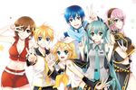  4girls aqua_eyes aqua_hair belt blonde_hair blue_eyes blue_hair blue_scarf brown_eyes brown_hair crossed_arms detached_sleeves double_v green_eyes hair_ornament hair_ribbon hairclip hatsune_miku headset kagamine_len kagamine_rin kaito long_hair mca_(dessert_candy) megurine_luka meiko midriff multiple_boys multiple_girls navel necktie one_eye_closed open_mouth pink_hair ribbon scarf simple_background skirt smile star twintails v very_long_hair vocaloid 