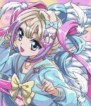  1990s_(style) 1girl :d angel_wings blonde_hair blue_bow blue_eyes blue_hair blue_nails bow chouzetsusaikawa_tenshi-chan eencya feathered_wings hair_bow hair_ornament hand_up heart heart_hair_ornament long_hair long_sleeves looking_at_viewer multicolored_hair multiple_hair_bows nail_polish needy_girl_overdose official_art open_mouth pink_bow pink_hair pink_nails pixel_art purple_bow purple_hair quad_tails retro_artstyle sailor_collar second-party_source smile solo star_(symbol) upper_body white_wings wings yellow_bow yellow_nails 