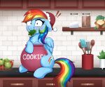 absurd_res apple blush bodily_fluids christmas christmas_clothing christmas_cookies christmas_headwear clothing confetticakez container cookie cookie_jar equid equine exclamation_point female food friendship_is_magic fruit hair hasbro hat headgear headwear hi_res holidays jar kitchen looking_at_viewer mammal multicolored_hair multicolored_tail my_little_pony pegasus plant rainbow_dash_(mlp) rainbow_hair rainbow_tail ravensun santa_hat solo sweat tail wings
