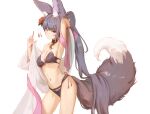  1girl absurdres animal_ears arm_behind_back bare_shoulders bell bikini black_hair breasts erune fox_ears fox_tail granblue_fantasy hair_ornament hand_up highres long_hair looking_at_viewer papon ponytail purple_eyes shawl solo swimsuit tail very_long_hair yuel_(granblue_fantasy) 