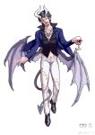  1boy absurdres alcohol black_footwear black_hair black_shirt blue_jacket buttons chest_tattoo collarbone cup demon_horns demon_tail demon_wings drinking_glass earrings fangs feijio_yizhi fingernails forked_tongue full_body highres holding holding_cup horns jacket jewelry long_sleeves looking_at_viewer male_focus midriff_peek one_piece pants pectoral_cleavage pectorals pointy_ears popped_collar sharp_fingernails sharp_teeth shirt simple_background solo tail tattoo teeth tongue trafalgar_law weibo_logo white_background white_horns white_pants wine wine_glass wings 
