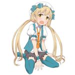  blonde_hair blue_legwear bow child futaba_anzu hat idolmaster idolmaster_cinderella_girls long_hair necktie nikujiru_(nickjr) open_mouth sitting solo thighhighs twintails yellow_eyes 