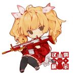 1girl :&lt; ahoge black_thighhighs blonde_hair blue_archive chibi closed_mouth curly_hair facing_viewer floating full_body grey_eyes gun hair_ornament holding holding_gun holding_weapon jacket long_hair looking_at_viewer mafuin_da pink_skirt pleated_skirt red_jacket skirt solo stuffed_animal stuffed_rabbit stuffed_toy thighhighs twintails weapon yoshimi_(blue_archive) 