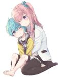  1boy 1girl aqua_hair arms_between_legs black_skirt black_thighhighs blue_eyes blue_scrunchie blush bow bowtie collared_shirt frown grey_jacket hair_ornament hair_scrunchie heads_together heart highres hug hug_from_behind jacket knees_up long_hair looking_at_another mole mole_under_eye nei_akutsu one_eye_closed original os_(os_fresa) pink_bow pink_bowtie pink_hair purple_eyes purple_shirt scrunchie shirt short_hair sitting sitting_between_lap skirt smile souta_kandori thighhighs wariza white_background white_shirt yellow_jacket 