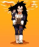  armor black_hair boots carrying dragon_ball dragon_ball_z gloves long_hair makumaku multiple_boys orange_background piggyback raditz simple_background son_gokuu spiked_hair tail tears what_if younger 