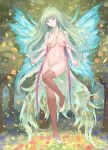  1girl absurdres blue_wings breasts brown_legwear cleavage fairy full_body green_hair highres huge_filesize long_hair looking_at_viewer medium_breasts midriff navel original outdoors panties petals pointy_ears red_eyes revealing_clothes rinmmo solo standing standing_on_one_leg standning thighs tree underwear very_long_hair white_footwear white_panties wings 