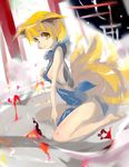  animal_ears barefoot blonde_hair bottomless breasts fox_ears fox_tail kneeling multiple_tails naked_tabard no_bra open_mouth short_hair sideboob sitting small_breasts solo steam tabard tail tatwuku torii touhou wariza water yakumo_ran yellow_eyes 