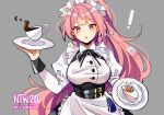  ! 1girl :o apron black_ribbon breasts cake character_name coffee coll_(erichankun) copyright_name dress earrings food frills girls&#039;_frontline grey_background holding holding_plate jewelry long_hair long_sleeves looking_at_viewer maid maid_headdress ntw-20_(girls&#039;_frontline) ntw-20_(the_aristocrat_experience)_(girls&#039;_frontline) official_alternate_costume open_mouth pink_eyes pink_hair plate ribbon simple_background solo stud_earrings very_long_hair 
