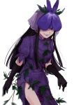  1girl black_gloves china_dress chinese_clothes cowboy_shot dress elbow_gloves flower flower_on_head food fruit gloves grapes highres himuhino leaf leaf_print long_hair long_sleeves looking_at_viewer mole mole_under_eye orchid plant print_dress puffy_short_sleeves puffy_sleeves purple_dress short_sleeves simple_background solo touhou vines white_background yomotsu_hisami 