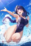  1girl absurdres ai-generated armpits beach blue_sky breasts cleavage cloud cloudy_sky dynamic_pose genshin_impact hair_ornament hairclip highres jumping long_hair non-web_source ocean one-piece_swimsuit open_mouth purple_eyes purple_hair raiden_shogun sky smile solo swimsuit water 
