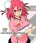  bandages breast_hold breasts bun_cover burger_king clothes_writing crossed_arms double_bun fujii_jun ibaraki_kasen italian italy large_breasts pink_eyes pink_hair product_placement shirt short_hair soccer soccer_uniform solo sportswear touhou us_citta_di_palermo 