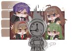  1other 2boys 2girls ahoge black_gloves black_jacket blue_eyes brown_eyes brown_hair clock collared_shirt dante_(limbus_company) fire gloves green_hair green_necktie highres hod_(project_moon) jacket limbus_company lobotomy_corporation malkuth_(project_moon) multiple_boys multiple_girls necktie netzach_(project_moon) object_head project_moon purple_hair red_necktie ryo_(pvplispulang) shirt short_hair simple_background v white_background white_shirt yesod_(project_moon) 