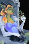 anthro chair clothed clothing dragon dress female furniture gloves green_body green_skin hair handwear hi_res horn kobold lagomorph leporid mammal mistletoe orange_hair plant rabbit reptile scales scalie sitting slim solo throne whitebaloo year