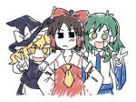  3girls apron arm_on_another&#039;s_shoulder ascot blonde_hair blush bow closed_mouth detached_sleeves frilled_bow frilled_hair_tubes frills green_eyes green_hair hair_bow hair_ornament hair_tubes hakurei_reimu hand_on_another&#039;s_shoulder hands_on_own_hips hat hat_bow kirisame_marisa kochiya_sanae long_hair looking_at_viewer multiple_girls open_mouth re_ghotion red_bow short_hair simple_background single_hair_tube smile snake_hair_ornament touhou v waist_apron white_background white_bow witch_hat yellow_ascot yellow_eyes 