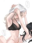  black_bra black_hair blonde_hair blue_eyes blush bottomless bra collarbone deerwhisky highres long_hair looking_at_another nipples original parted_lips shirt simple_background stomach straddling translation_request underwear undressing_another white_background white_shirt yuri 